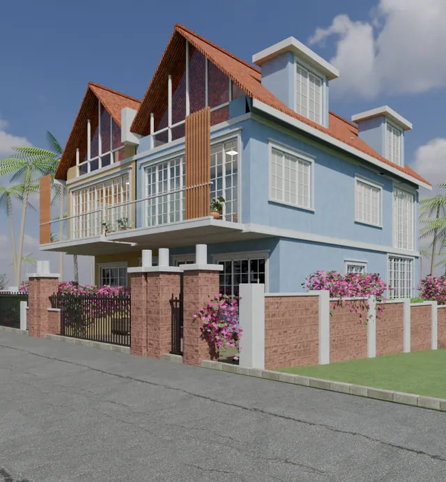 The twin villas at dusk